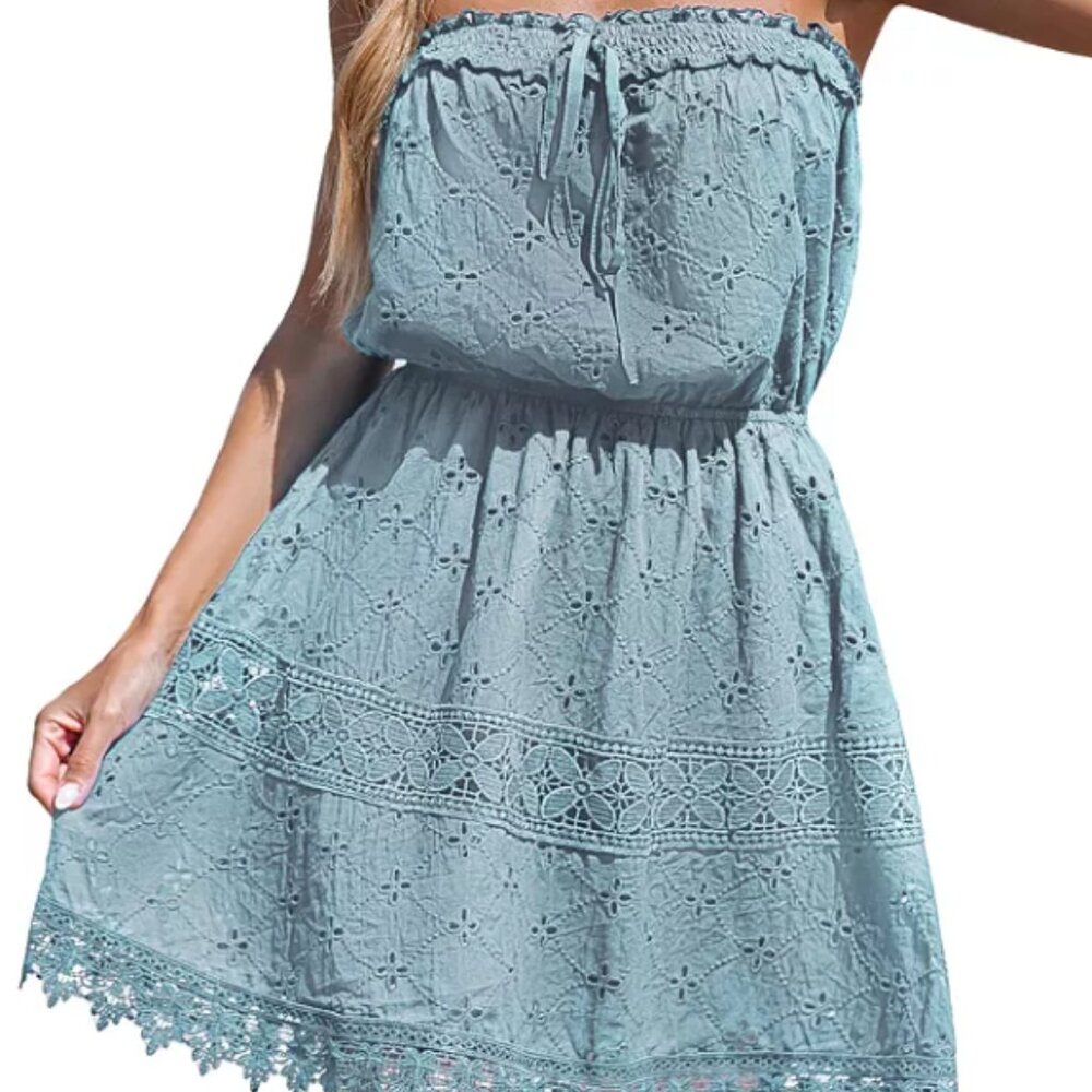CUPSHE Women's Light Blue Cotton Eyelet Mini Tube Beach Dress Sz M